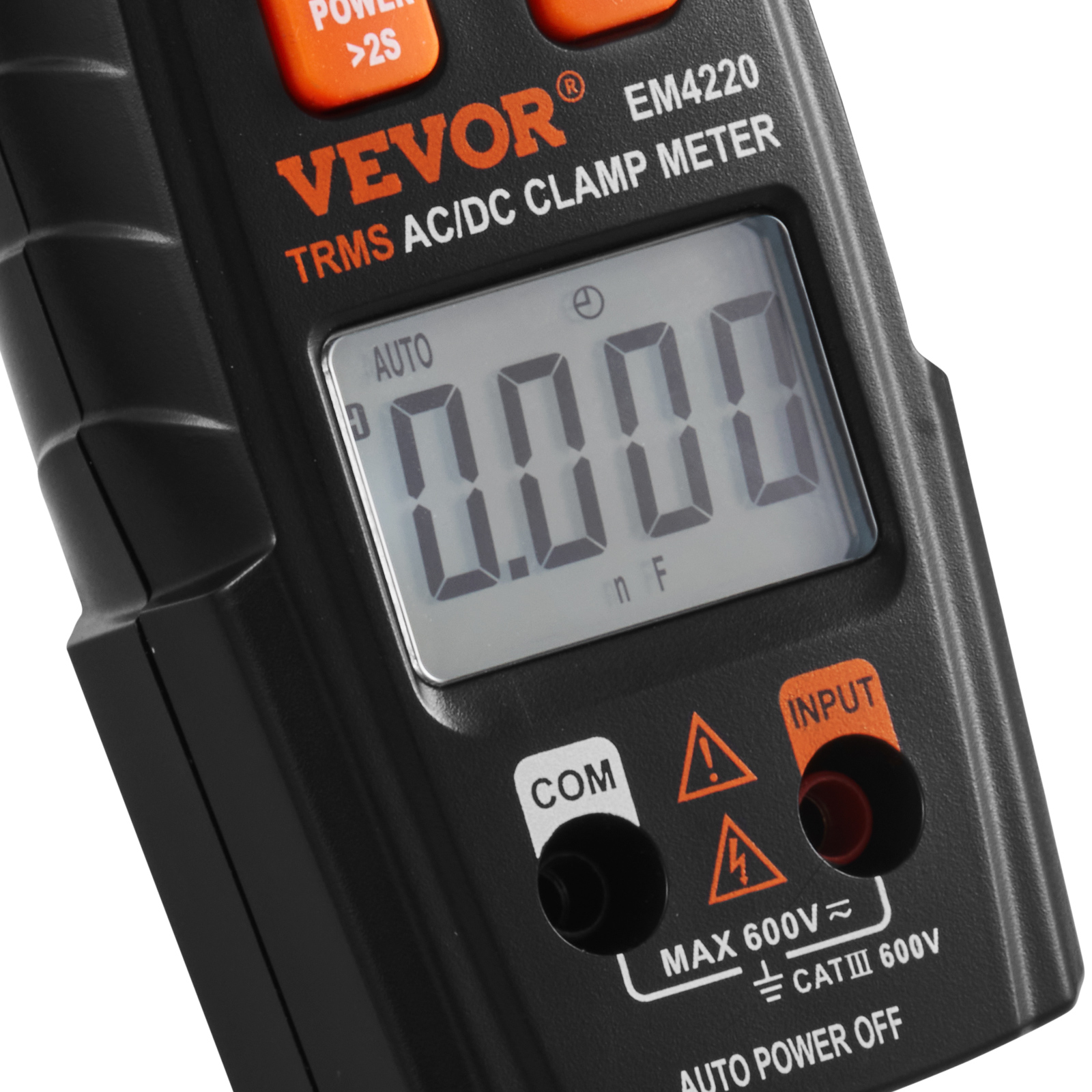 VEVOR digital clamp meter em4220 with lcd display showing 0.000, black body, and orange buttons.