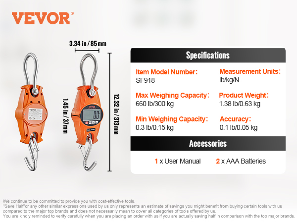VEVOR digital crane scale with a max capacity of 660 lb/300 kg, model sf918, and an lcd display.