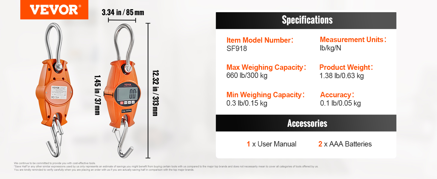 VEVOR digital crane scale with a max capacity of 660 lb/300 kg, model sf918, and an lcd display.