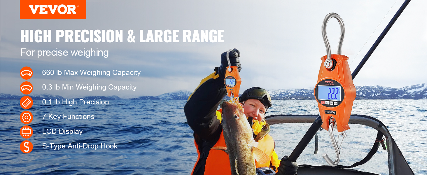 VEVOR digital crane scale showcasing 660lb capacity, lcd display, and high precision in fishing scenario.