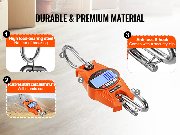 VEVOR digital crane scale with high load-bearing steel, rust-resistant cast aluminum, and anti-loss s-hook.