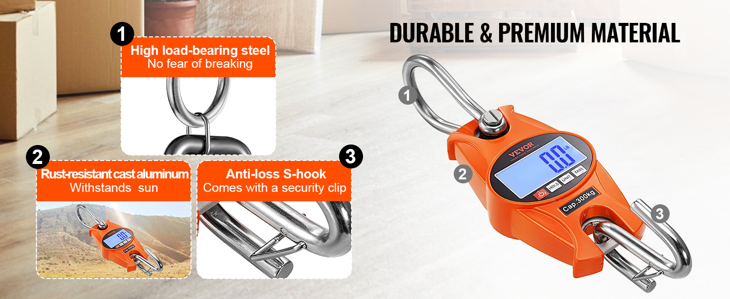 VEVOR digital crane scale with high load-bearing steel, rust-resistant cast aluminum, and anti-loss s-hook.