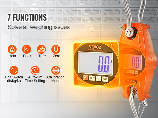 VEVOR digital crane scale with 7 functions, large display, and 300kg capacity for accurate weighing.