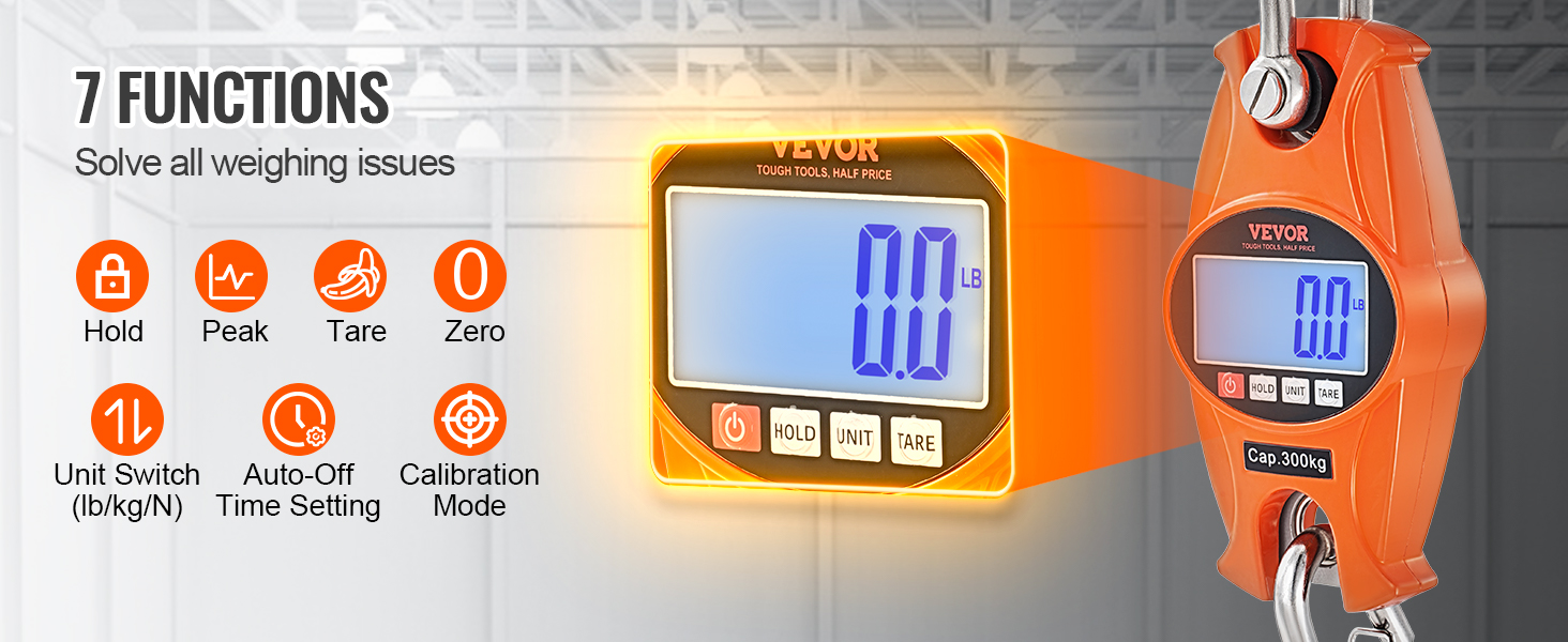VEVOR digital crane scale with 7 functions, large display, and 300kg capacity for accurate weighing.