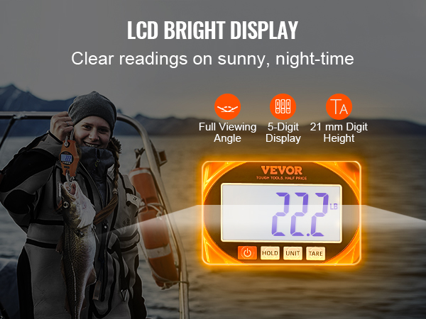 VEVOR digital crane scale with lcd bright display showing 22.2 lb weight and clear night-time readings.