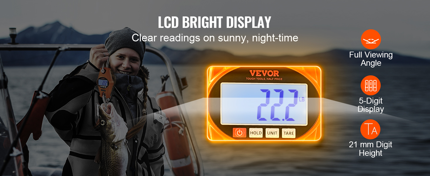 VEVOR digital crane scale with lcd bright display showing 22.2 lb weight and clear night-time readings.