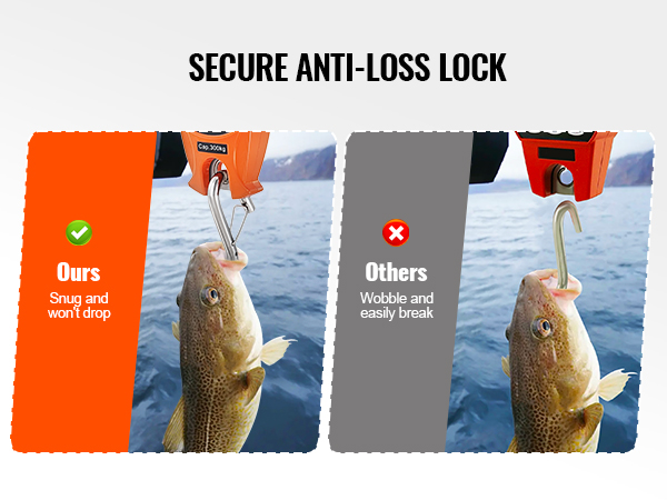VEVOR digital crane scale with secure anti-loss lock, shows snug hook versus wobbly competitor hook.