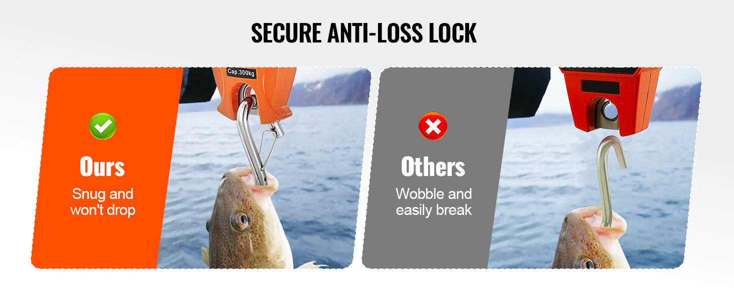 VEVOR digital crane scale with secure anti-loss lock, shows snug hook versus wobbly competitor hook.