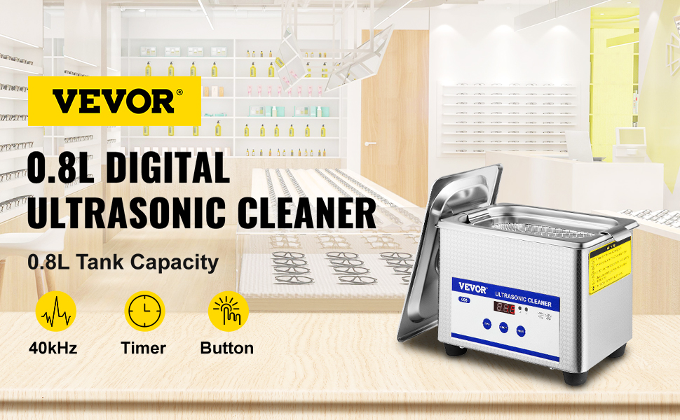 VEVOR ultrasonic cleaner 0.8l with 40khz, timer, button, in eyewear shop.