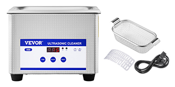 VEVOR ultrasonic cleaner with digital controls, stainless steel basket, and power cord.