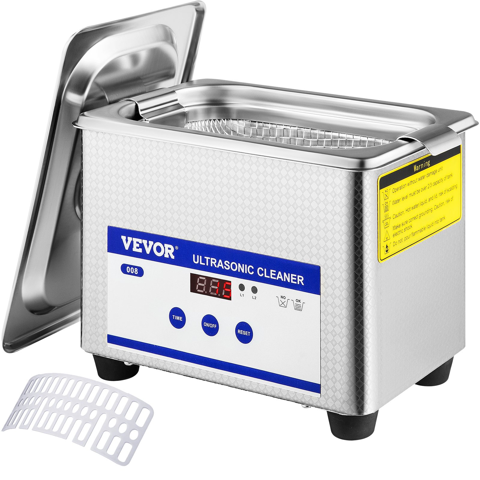 VEVOR ultrasonic cleaner with digital display, stainless steel tank, and power cord.