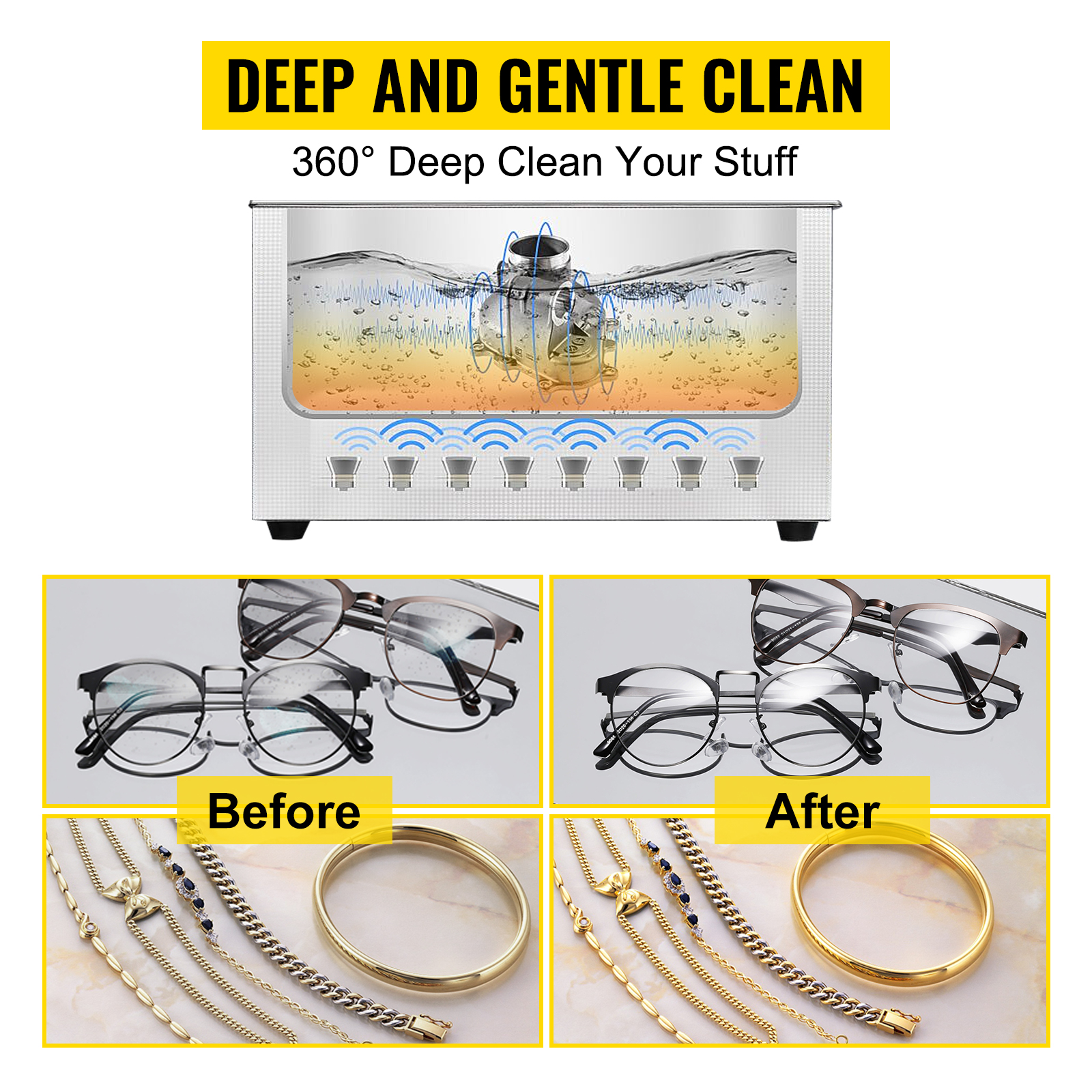 VEVOR ultrasonic cleaner showcasing before and after cleaning glasses and jewelry.