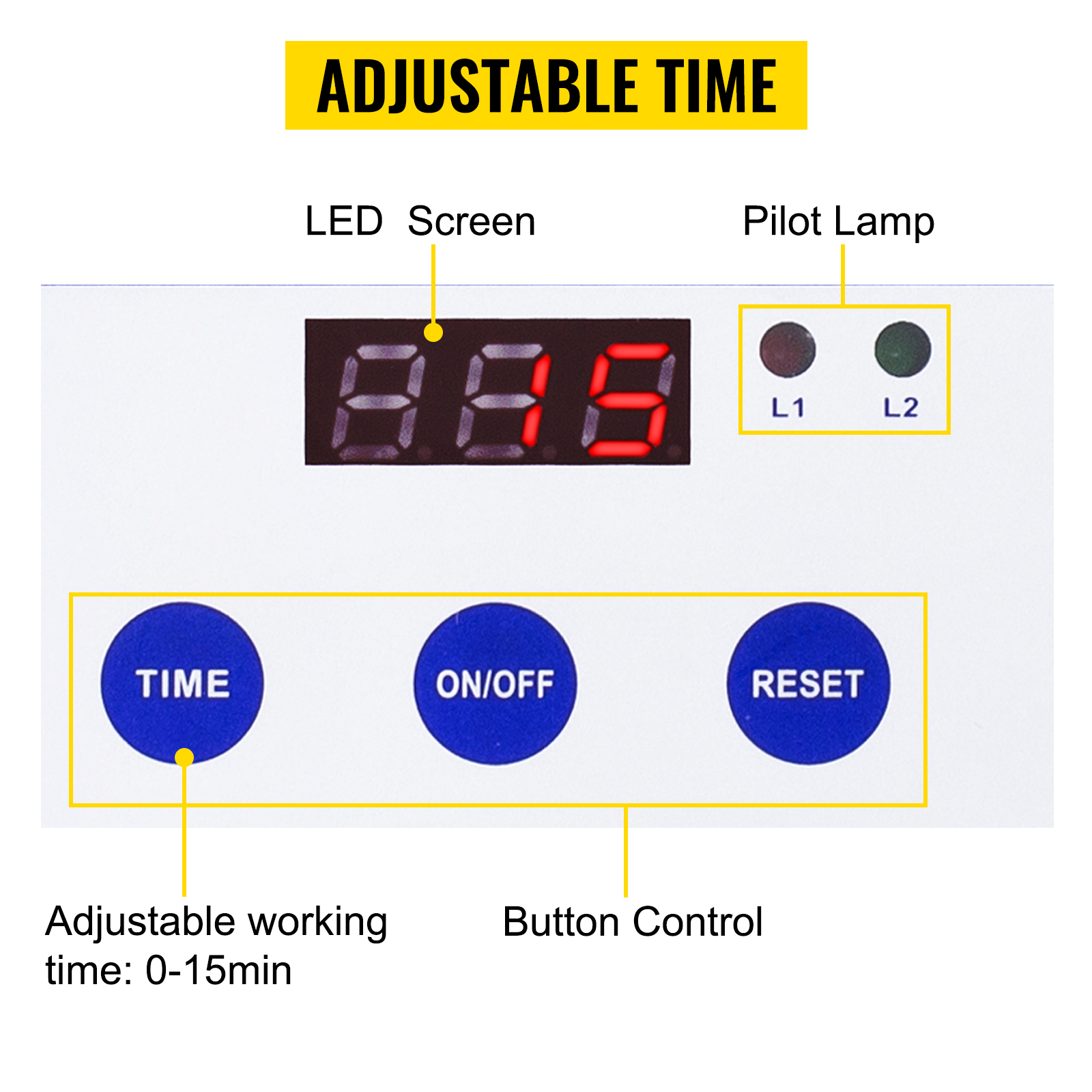 VEVOR ultrasonic cleaner control panel with led screen and adjustable time buttons.