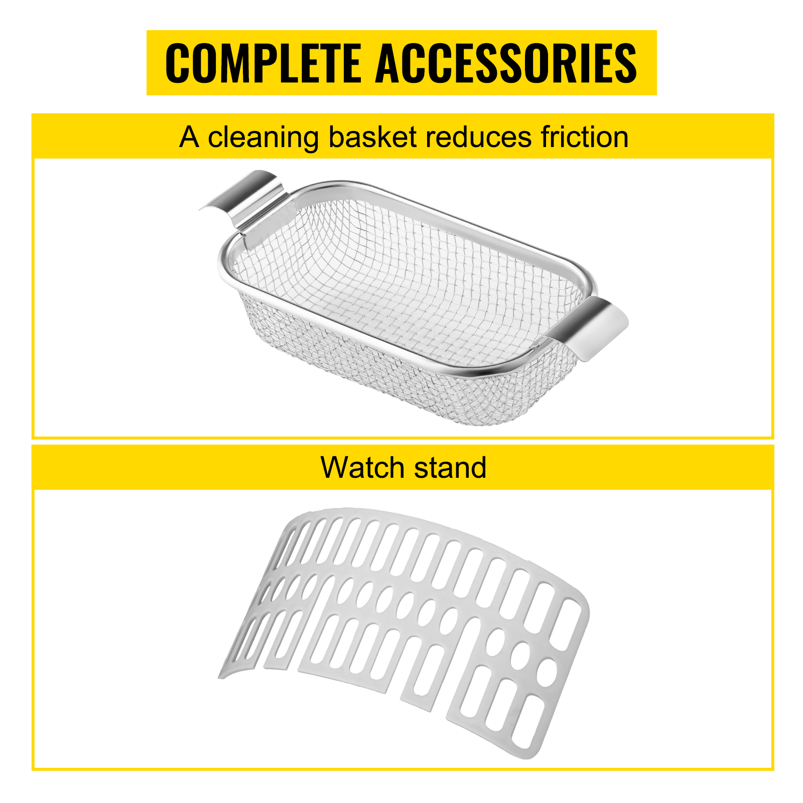 VEVOR ultrasonic cleaner accessories: cleaning basket and watch stand.