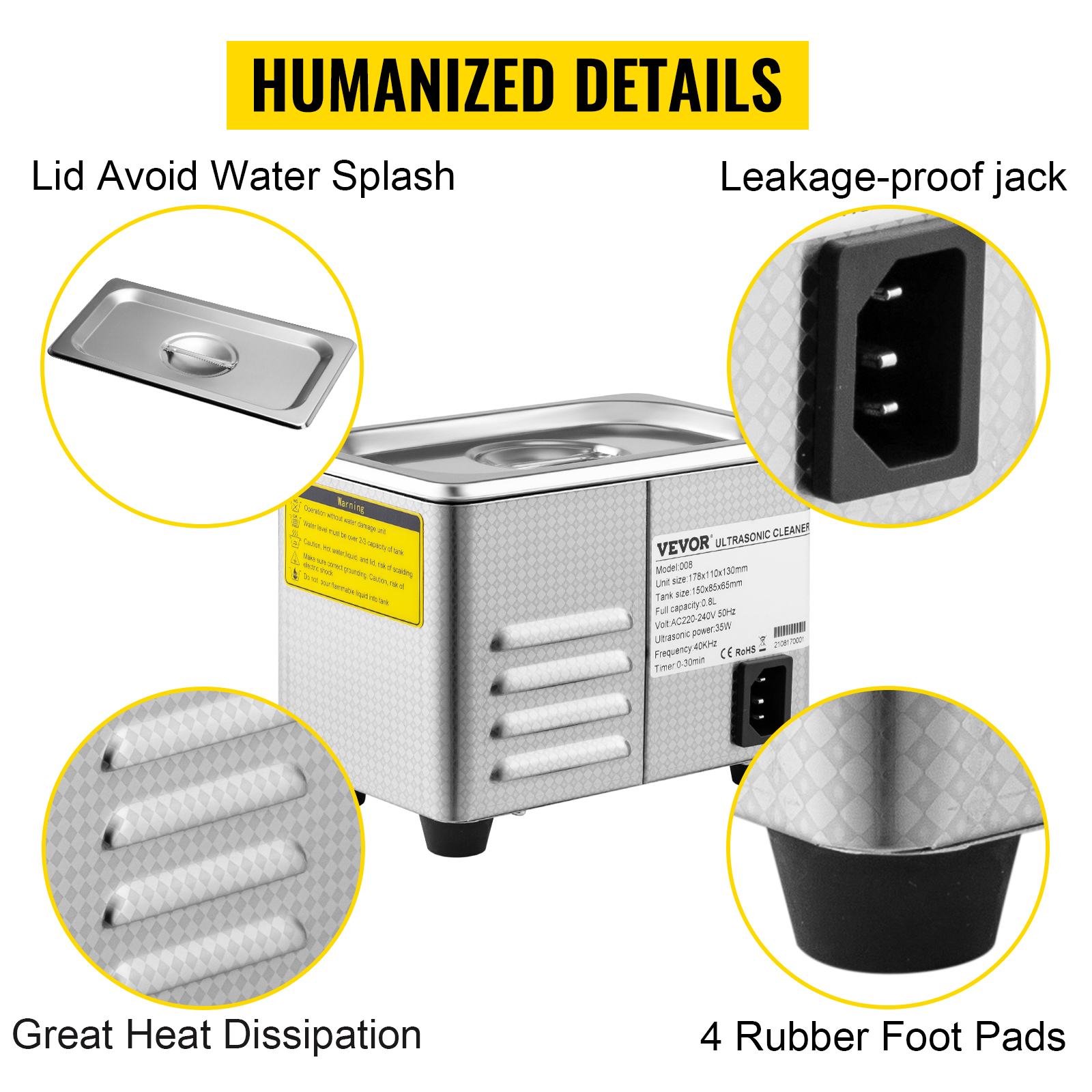 VEVOR ultrasonic cleaner with lid, leakage-proof jack, heat dissipation, and rubber foot pads.