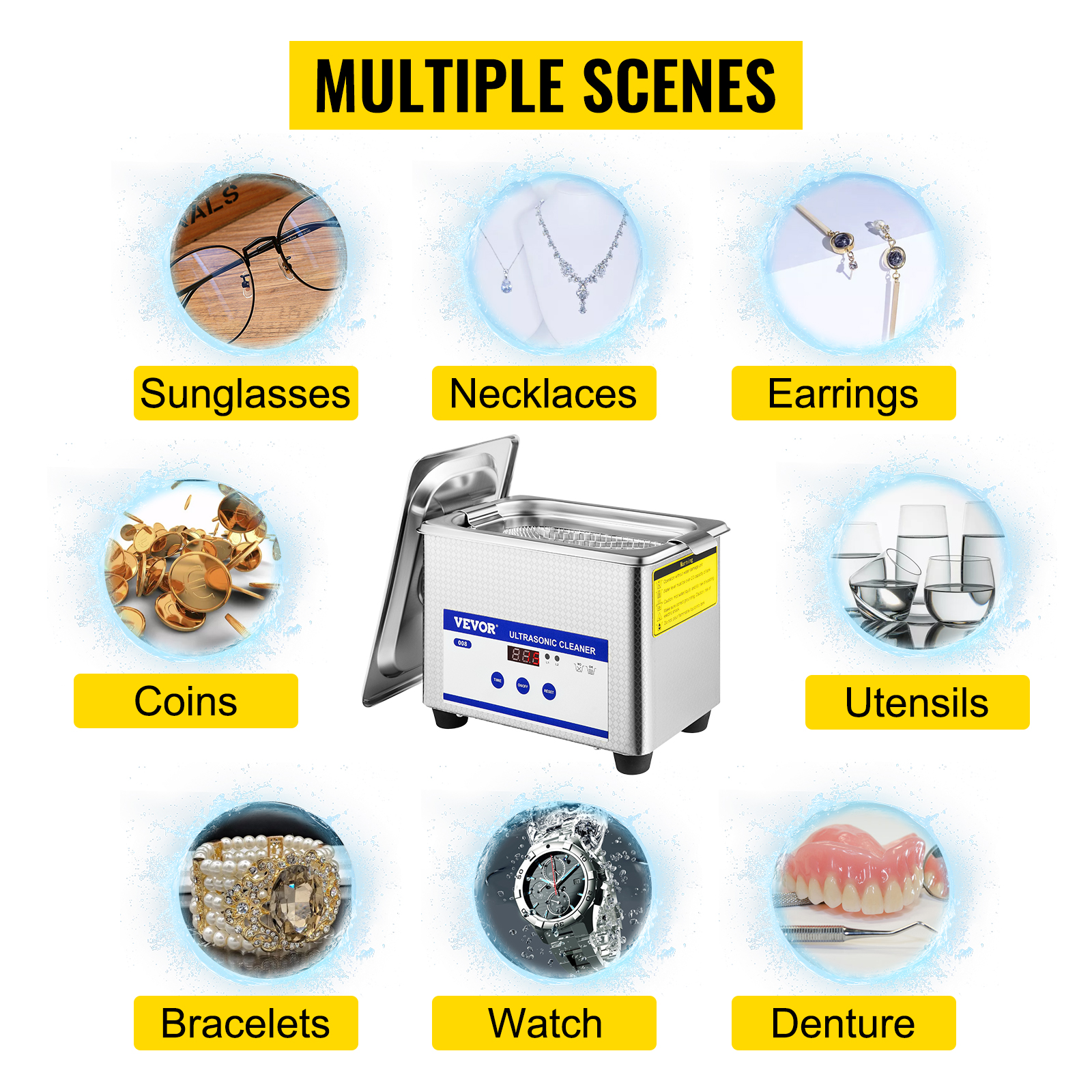 VEVOR ultrasonic cleaner for sunglasses, necklaces, earrings, coins, utensils, bracelets, watch, and denture.