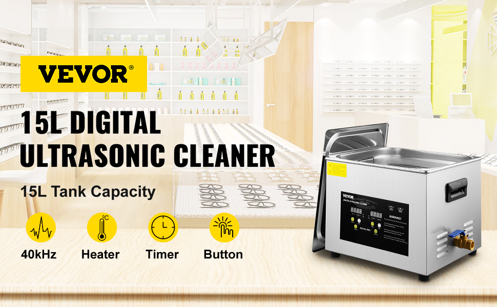 VEVOR ultrasonic cleaner 15l digital with 40khz, heater, timer, and button controls.