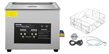 VEVOR ultrasonic cleaner with digital display, basket, and accessories.