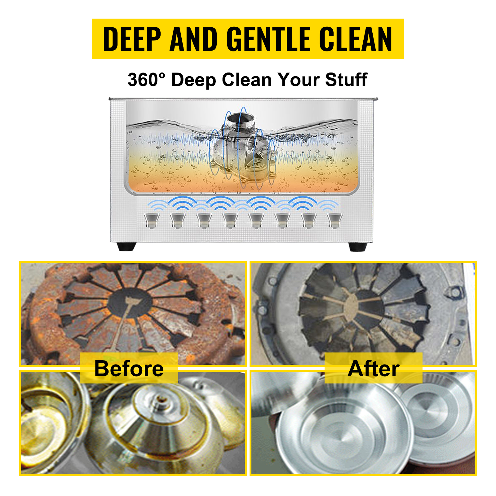 VEVOR ultrasonic cleaner with before and after images of cleaned metal parts.