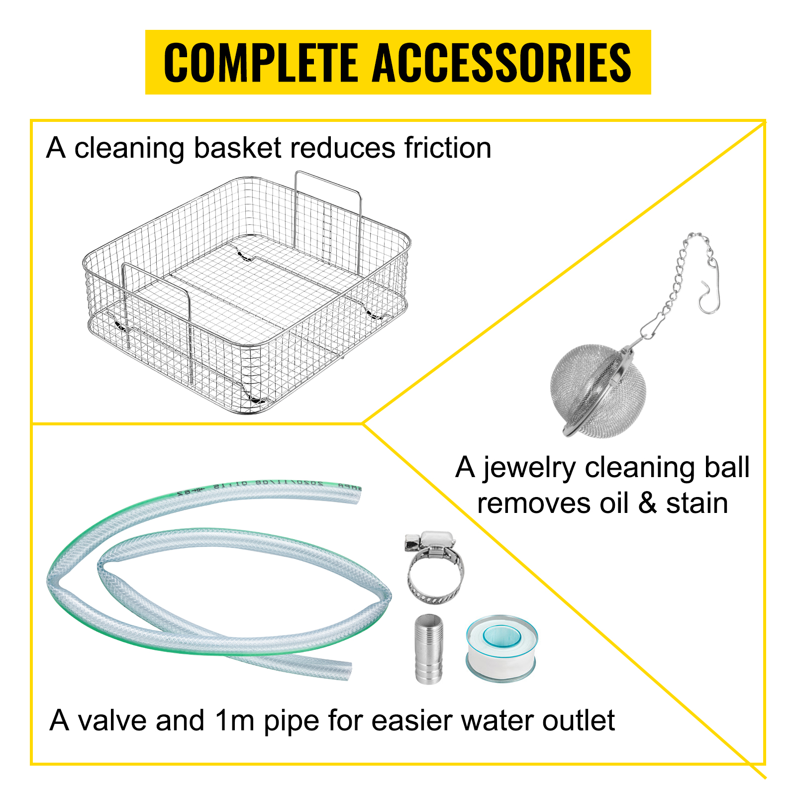complete set of VEVOR ultrasonic cleaner accessories: basket, cleaning ball, valve, and pipe.