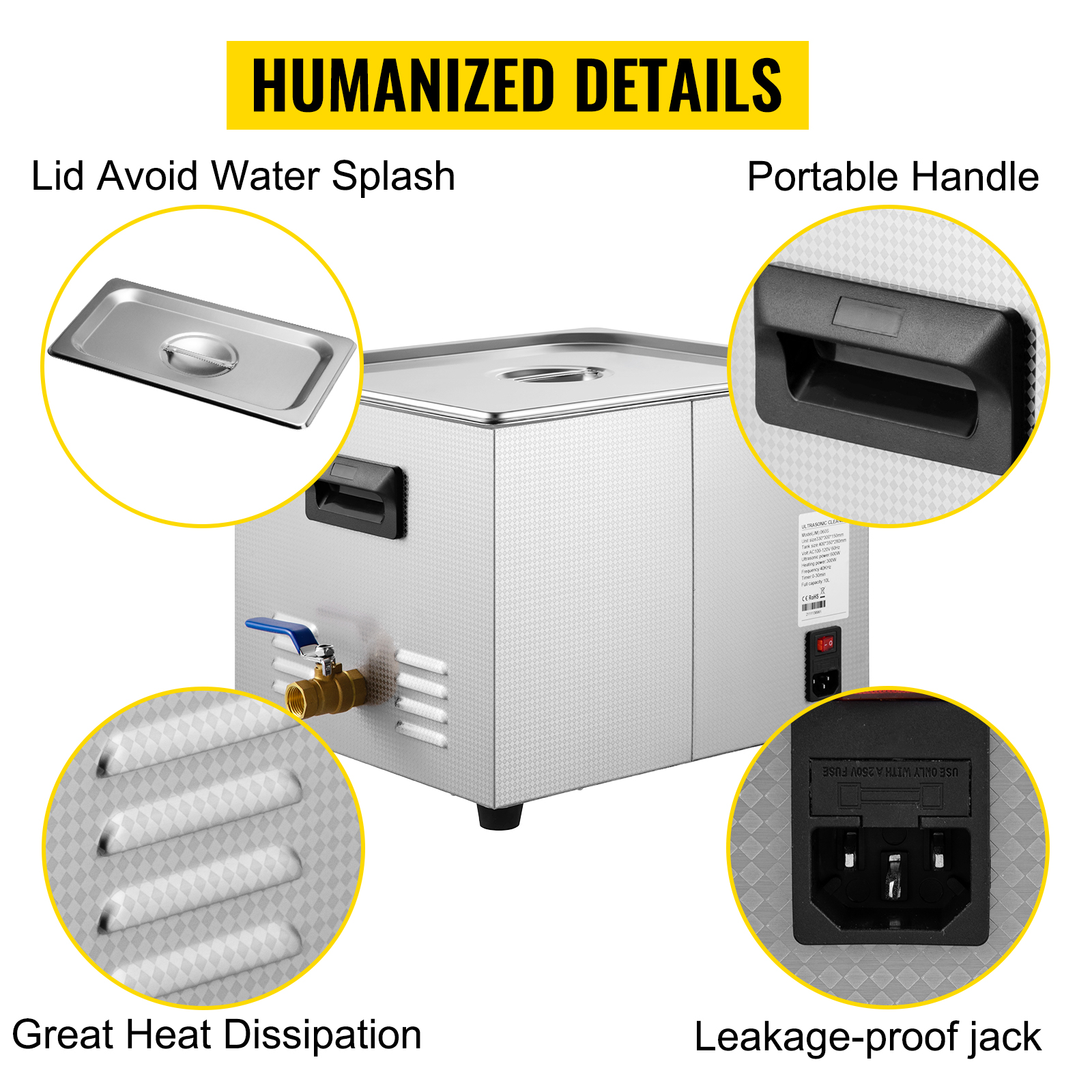 VEVOR ultrasonic cleaner with lid, handle, heat dissipation, and leakage-proof jack.