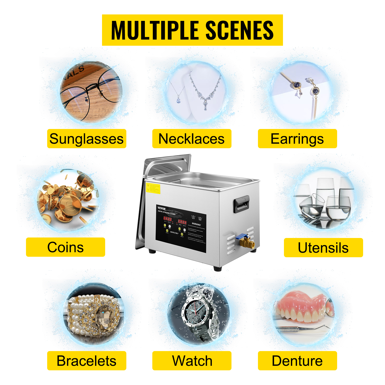 VEVOR ultrasonic cleaner for sunglasses, necklaces, earrings, coins, utensils, and more.