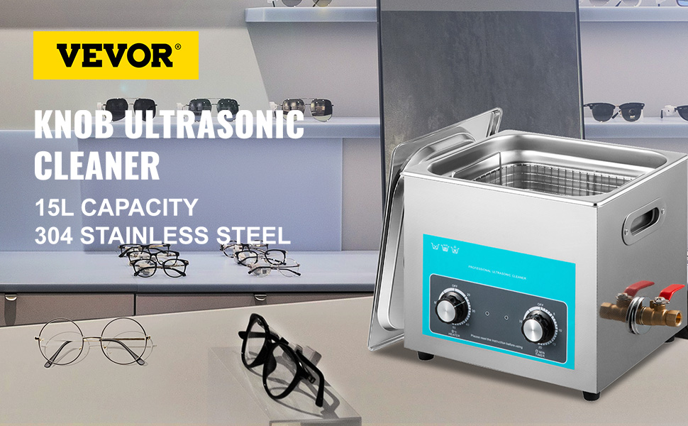VEVOR ultrasonic cleaner, 15l capacity in a shop with eyeglasses in the background.
