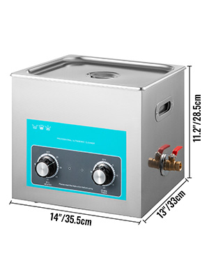 VEVOR ultrasonic cleaner with dual knobs, stainless steel body, size specifications shown.