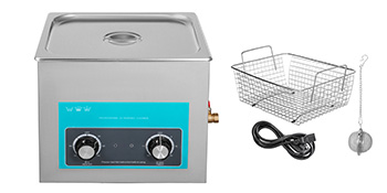 VEVOR ultrasonic cleaner with basket, power cord, and metal strainer.