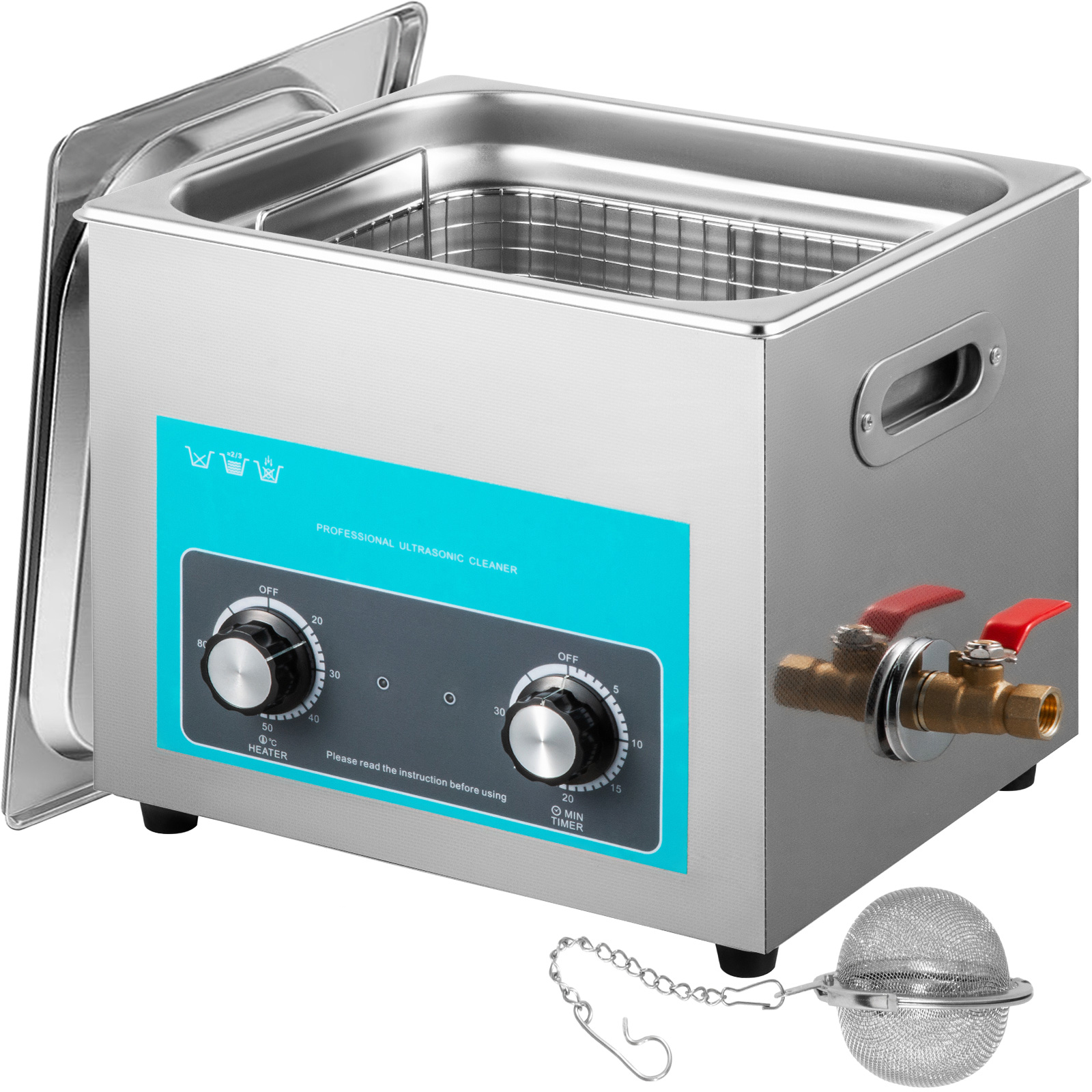 VEVOR ultrasonic cleaner with stainless steel tank, heater, timer, and power cord.