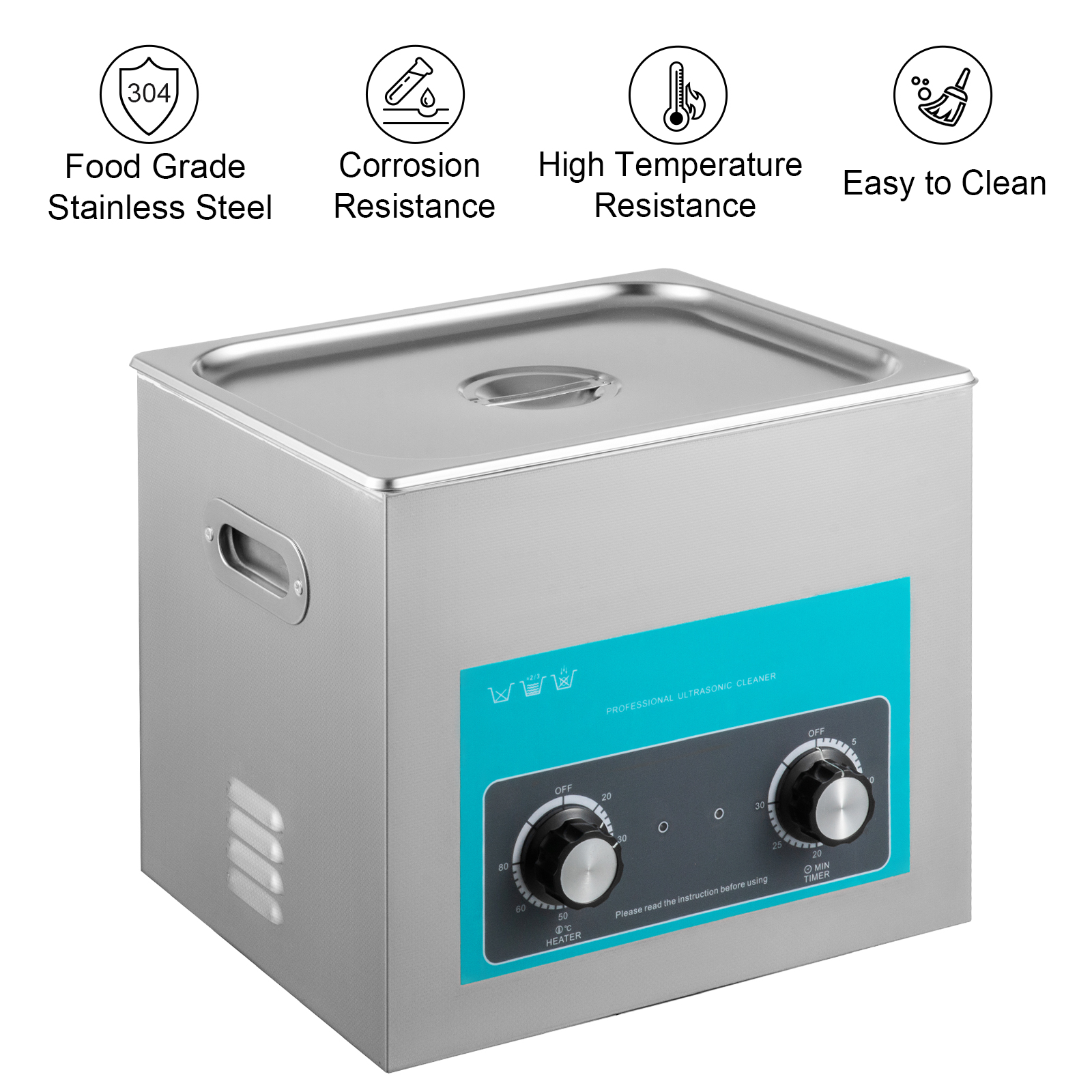 VEVOR ultrasonic cleaner with stainless steel body and dual control knobs.