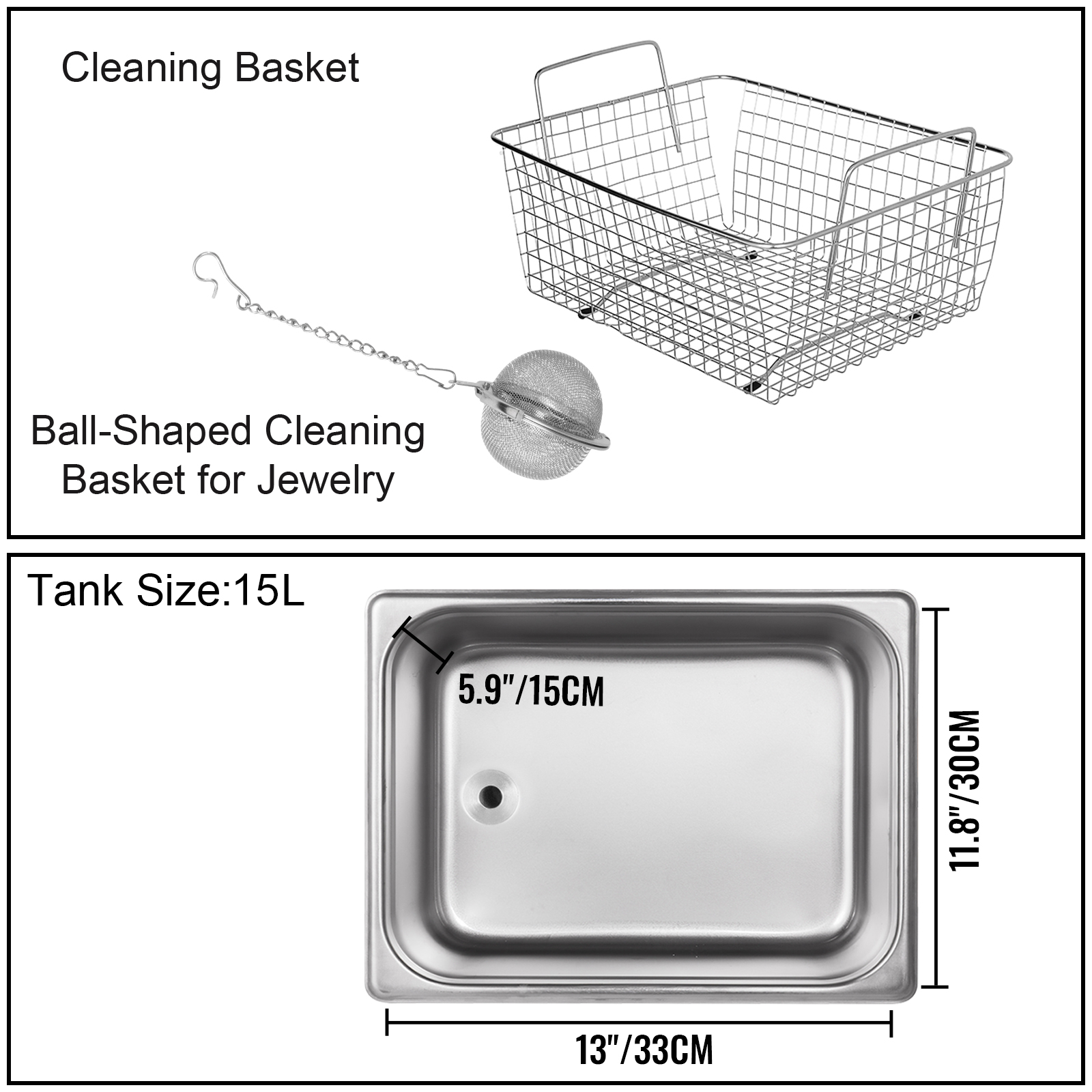 VEVOR ultrasonic cleaner with 15l tank, cleaning basket, and ball-shaped jewelry basket.