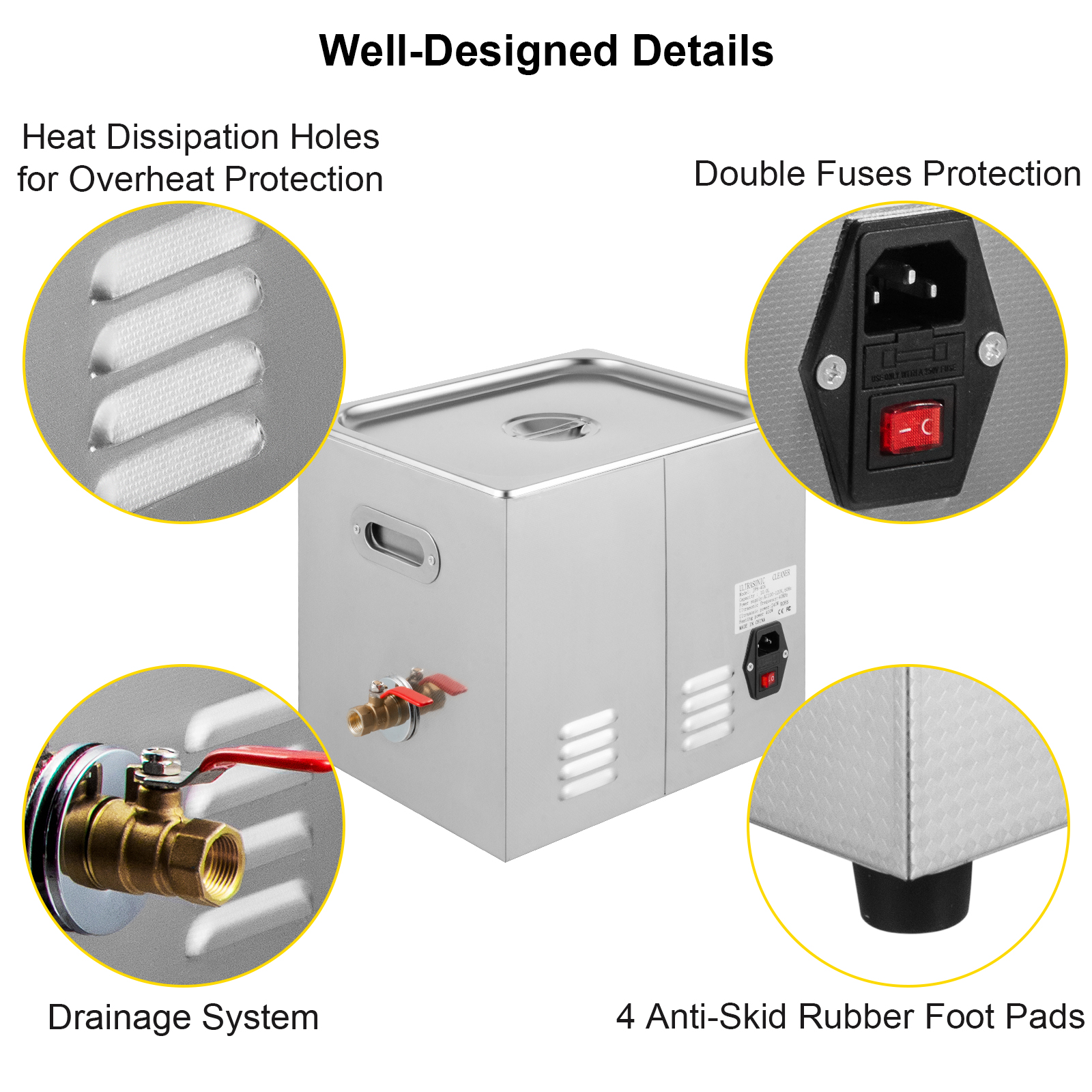 VEVOR ultrasonic cleaner with heat dissipation holes, drainage system, and anti-skid foot pads.