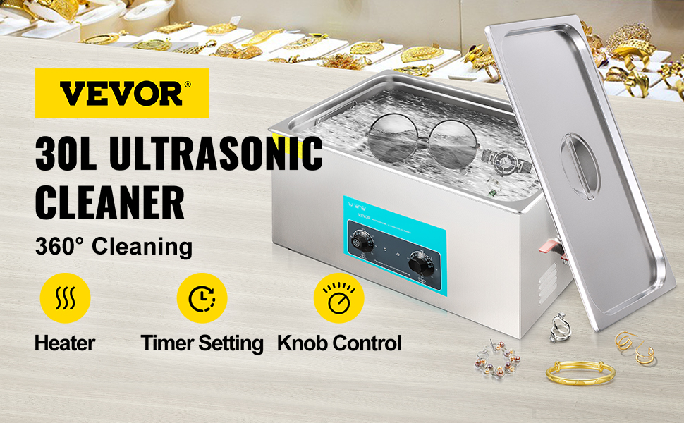 VEVOR ultrasonic cleaner with heater, timer setting, and knob control for jewelry cleaning.