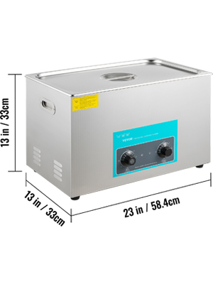 VEVOR ultrasonic cleaner with dimensions: 23 in x 13 in x 13 in, metal exterior.