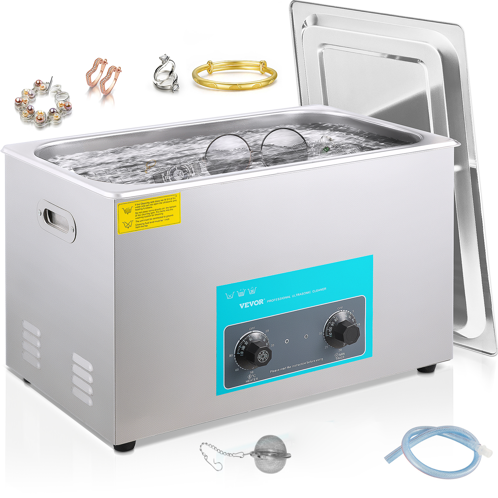 VEVOR ultrasonic cleaner with jewelry, glasses, and accessories.