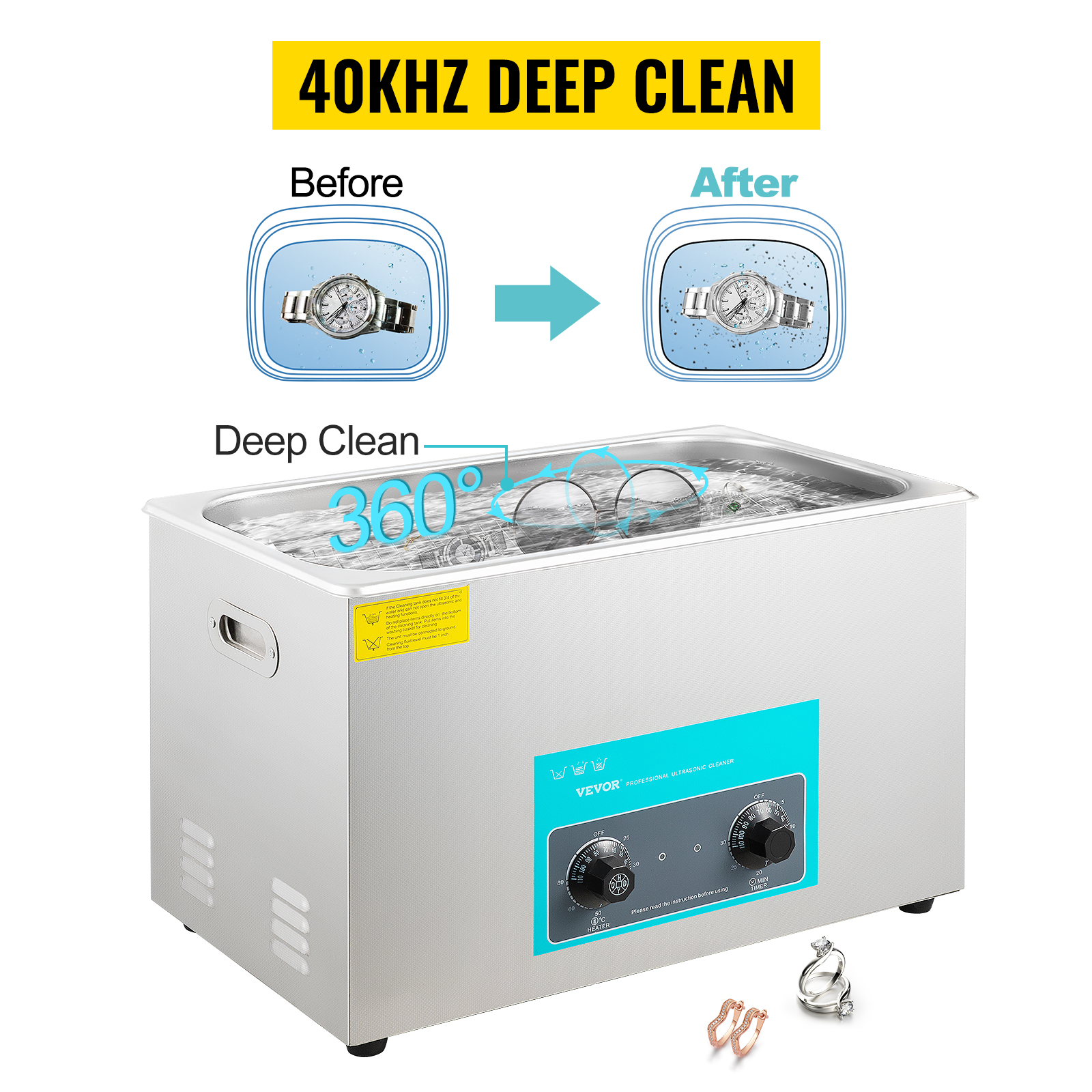 VEVOR ultrasonic cleaner showing before and after cleaning results for a watch.