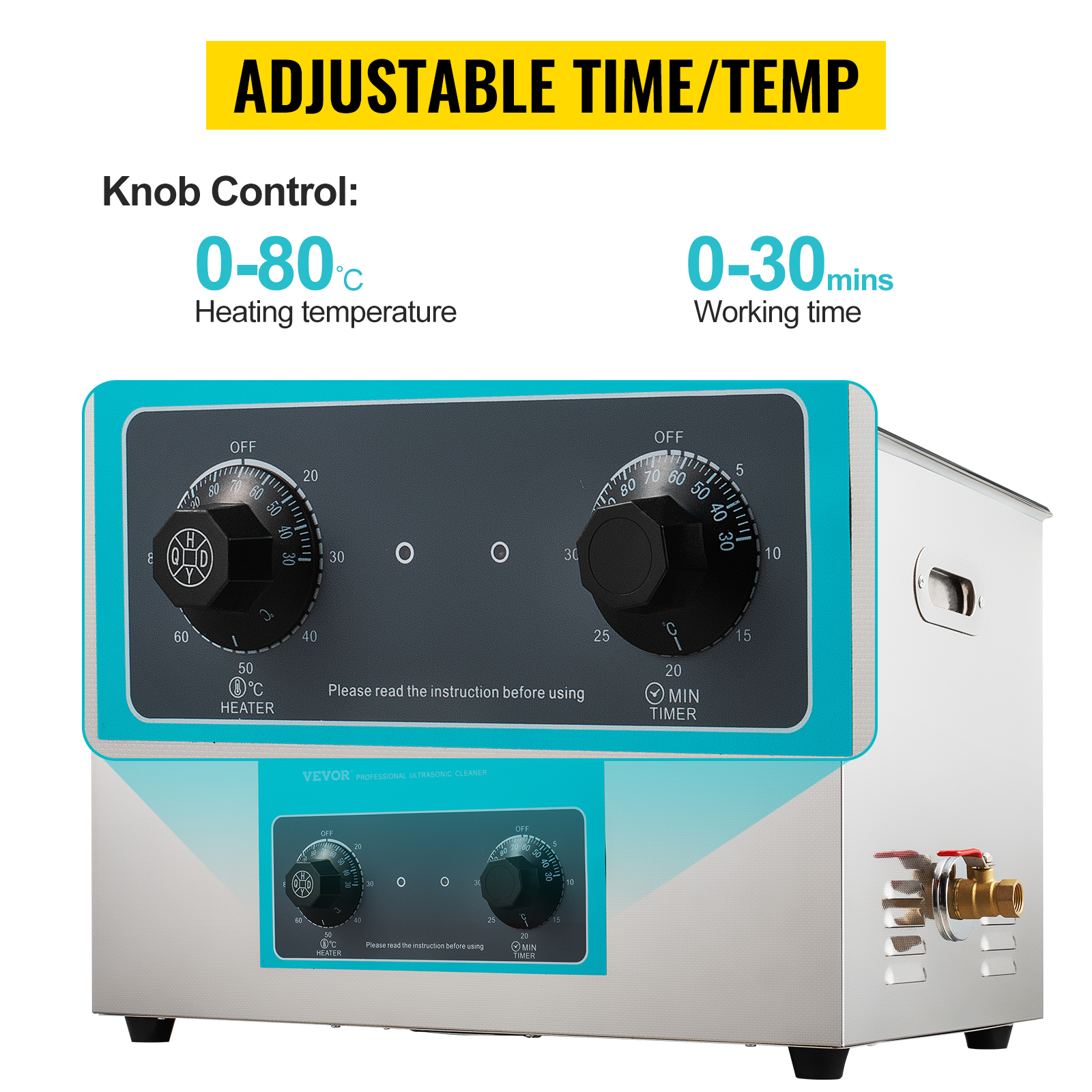 VEVOR ultrasonic cleaner with adjustable time and temperature controls and knob settings.