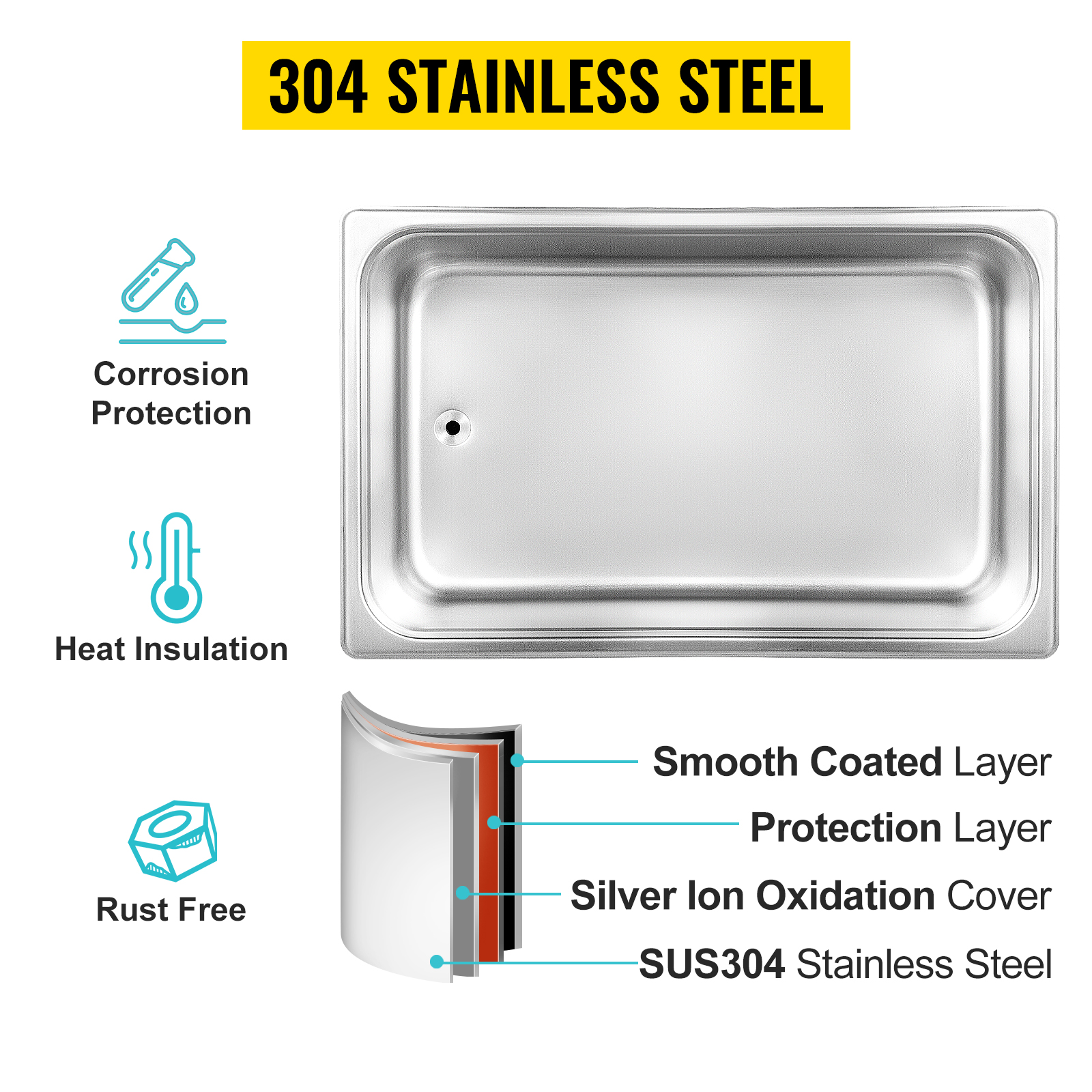 VEVOR ultrasonic cleaner made with corrosion-resistant 304 stainless steel.