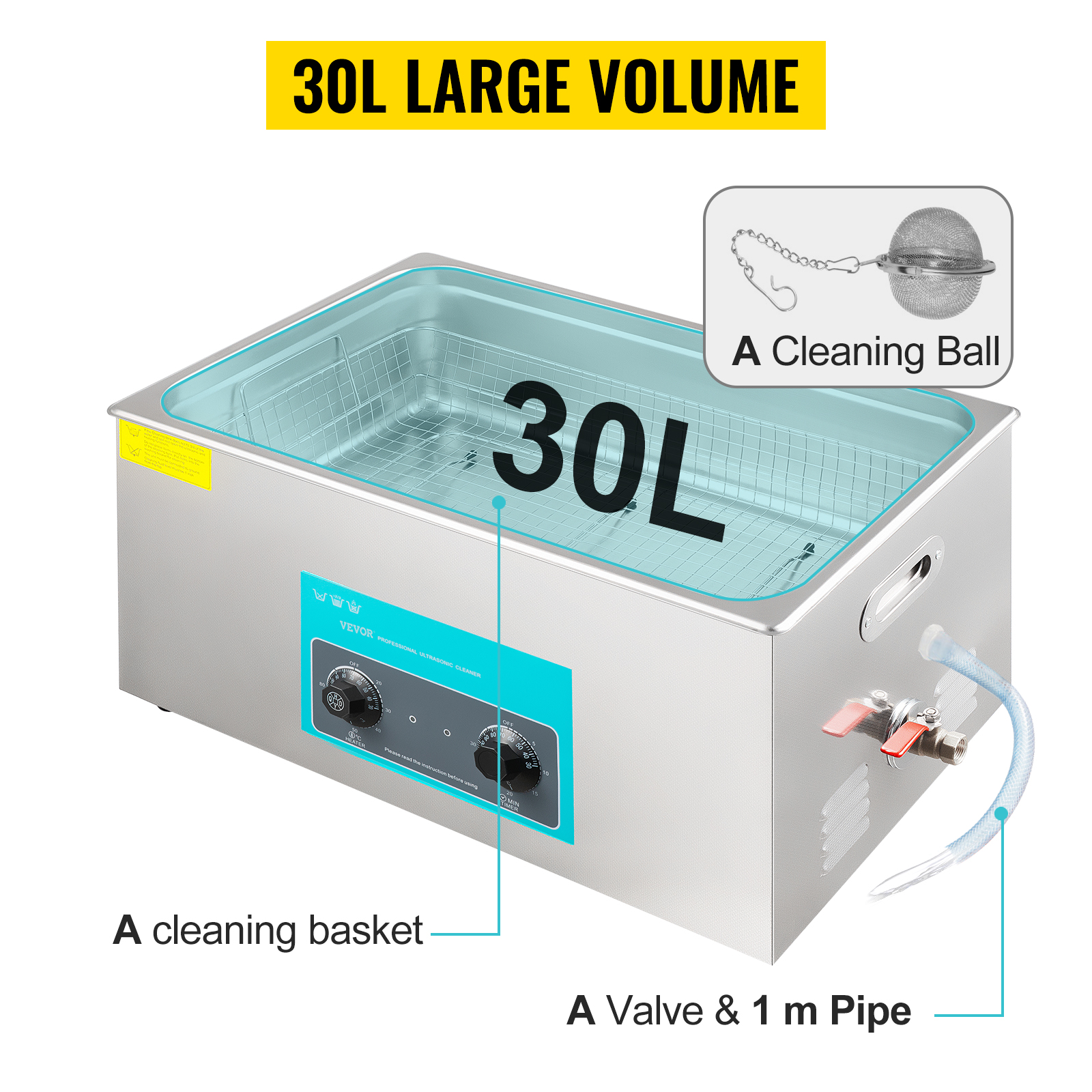 VEVOR ultrasonic cleaner with 30l capacity, valve, pipe, cleaning basket, and ball.