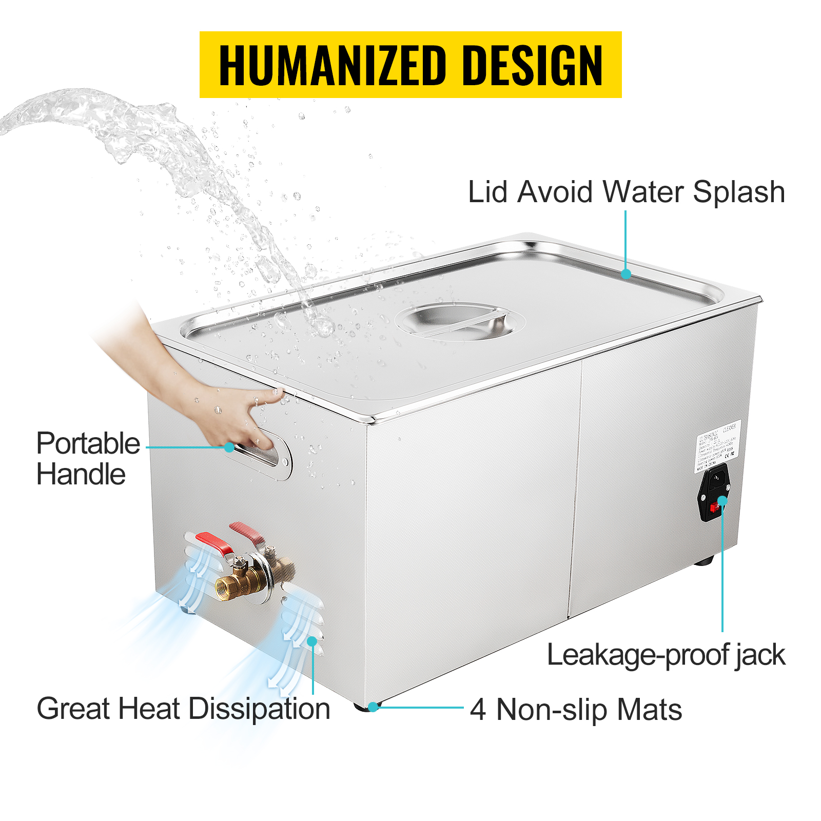 VEVOR ultrasonic cleaner with lid, portable handle, and great heat dissipation features.