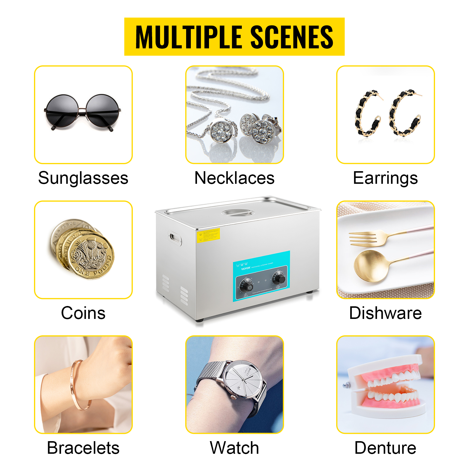 VEVOR ultrasonic cleaner for sunglasses, necklaces, earrings, coins, dishware, and watches.