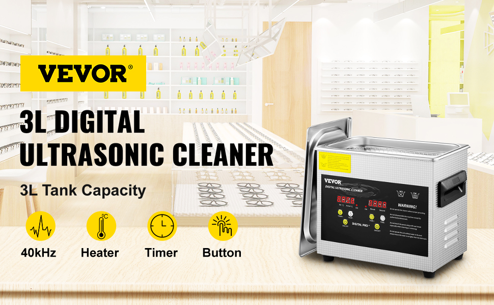 VEVOR ultrasonic cleaner with 3l tank, 40khz, heater, timer, and button controls.