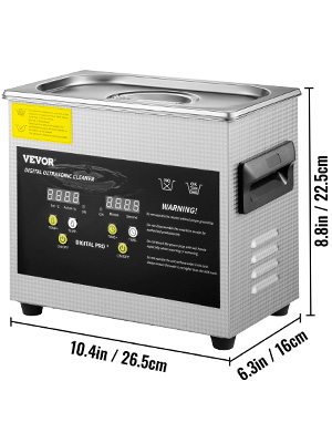 VEVOR ultrasonic cleaner digital display, with dimensions: 10.4in x 6.3in x 8.8in.