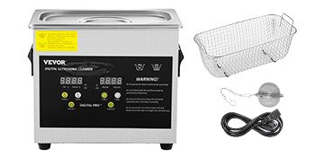 VEVOR ultrasonic cleaner with basket, power cord, and cleaning ball.