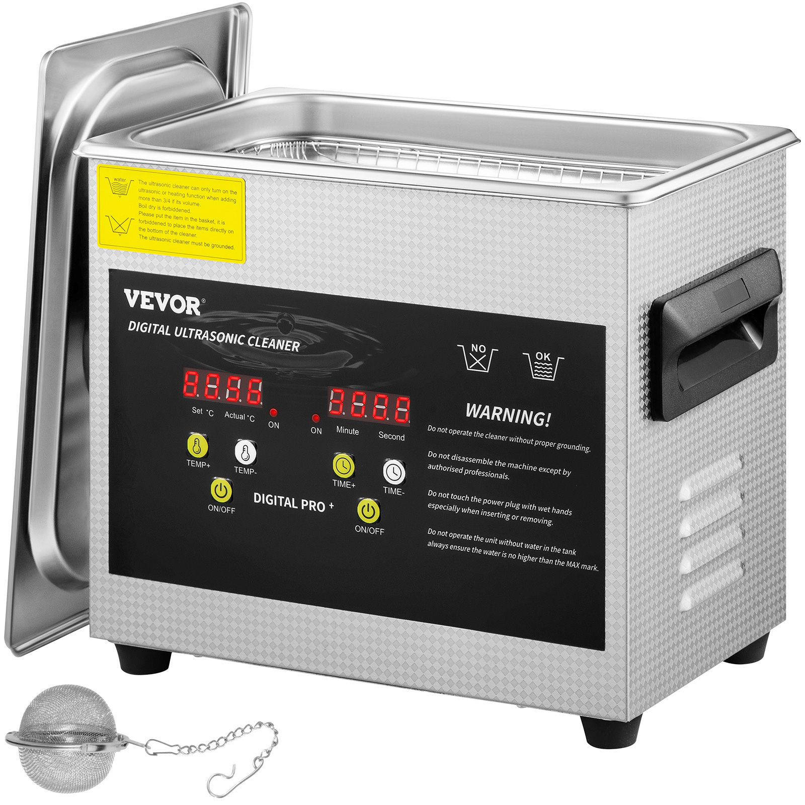 VEVOR ultrasonic cleaner with digital display and accessories.