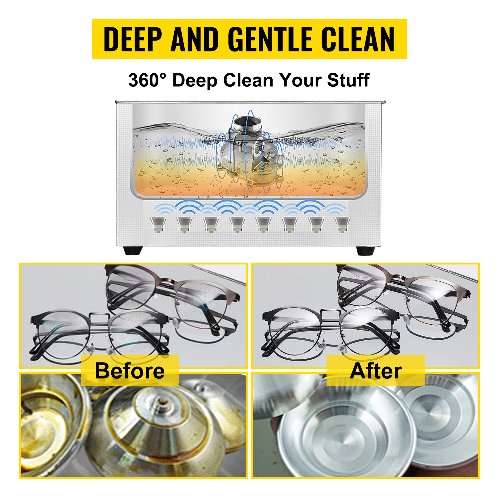 VEVOR ultrasonic cleaner: detailed glasses and objects, before and after cleaning.
