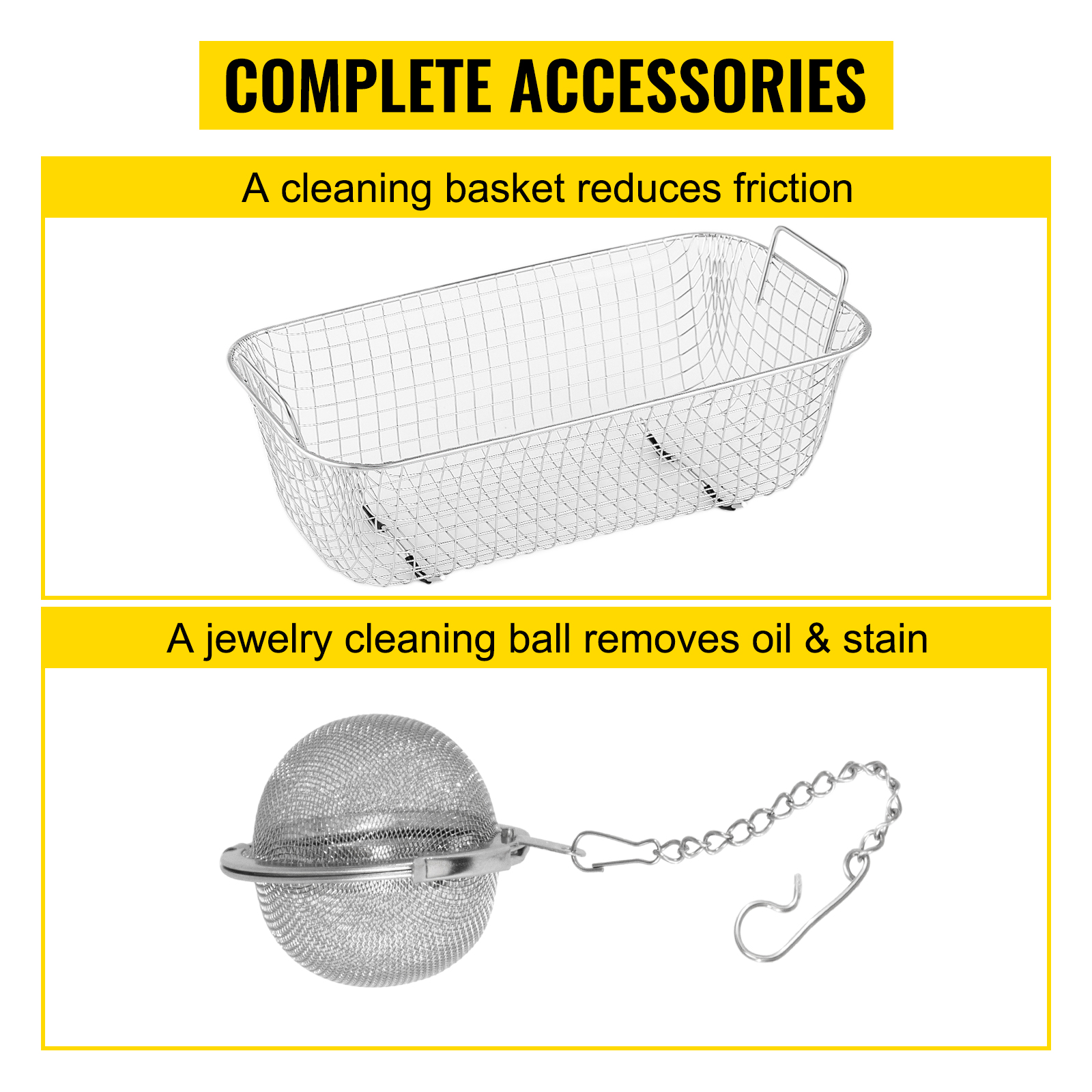 complete accessories for VEVOR ultrasonic cleaner, includes basket and jewelry cleaning ball.