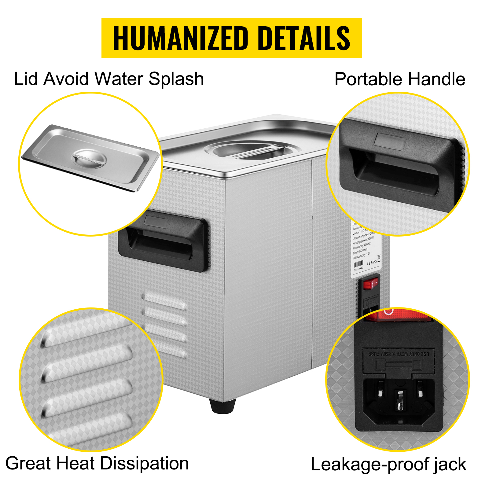 VEVOR ultrasonic cleaner with lid, portable handle, great heat dissipation, and leakage-proof jack.