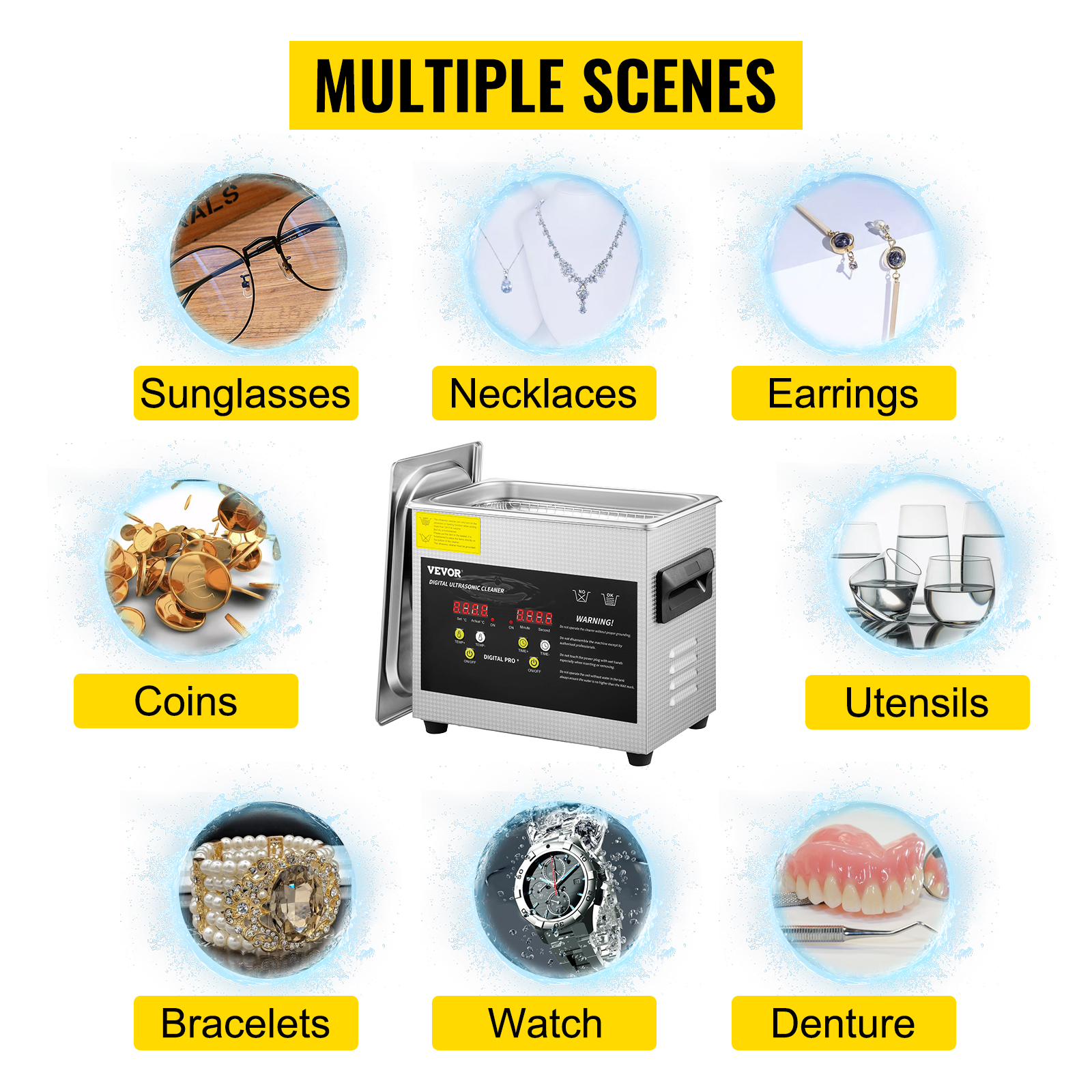 VEVOR ultrasonic cleaner with images of sunglasses, necklaces, earrings, coins, utensils.